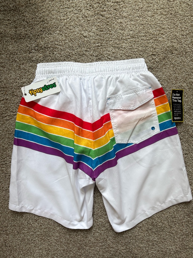Tipsy Elves Men's White Rainbow Swim Trunks, Size S — image 7 of 7